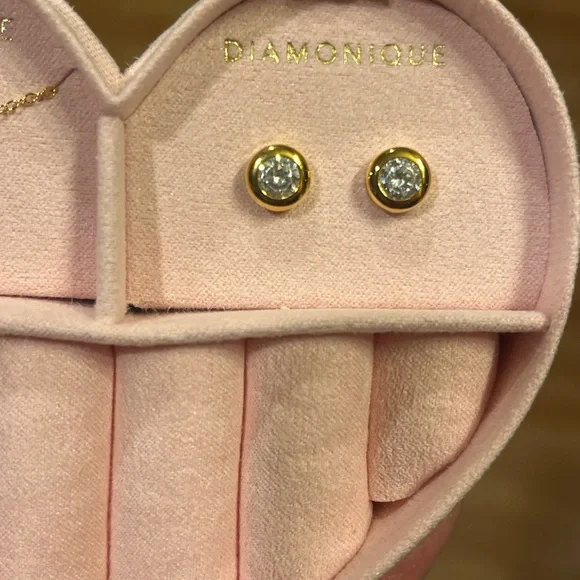 Diamonique Sterling Silver-14K Gold Over Bezel Necklace & Stud Earrings Set NIB - Picture 3 of 15